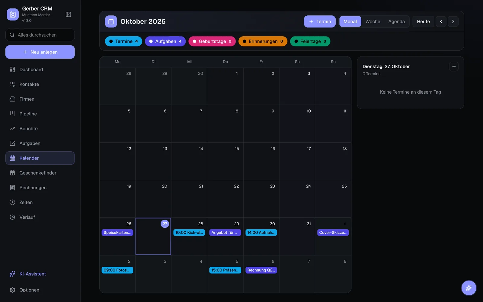 Calendar: Own appointments, due tasks, birthdays, holidays and subscribed calendars in one view.