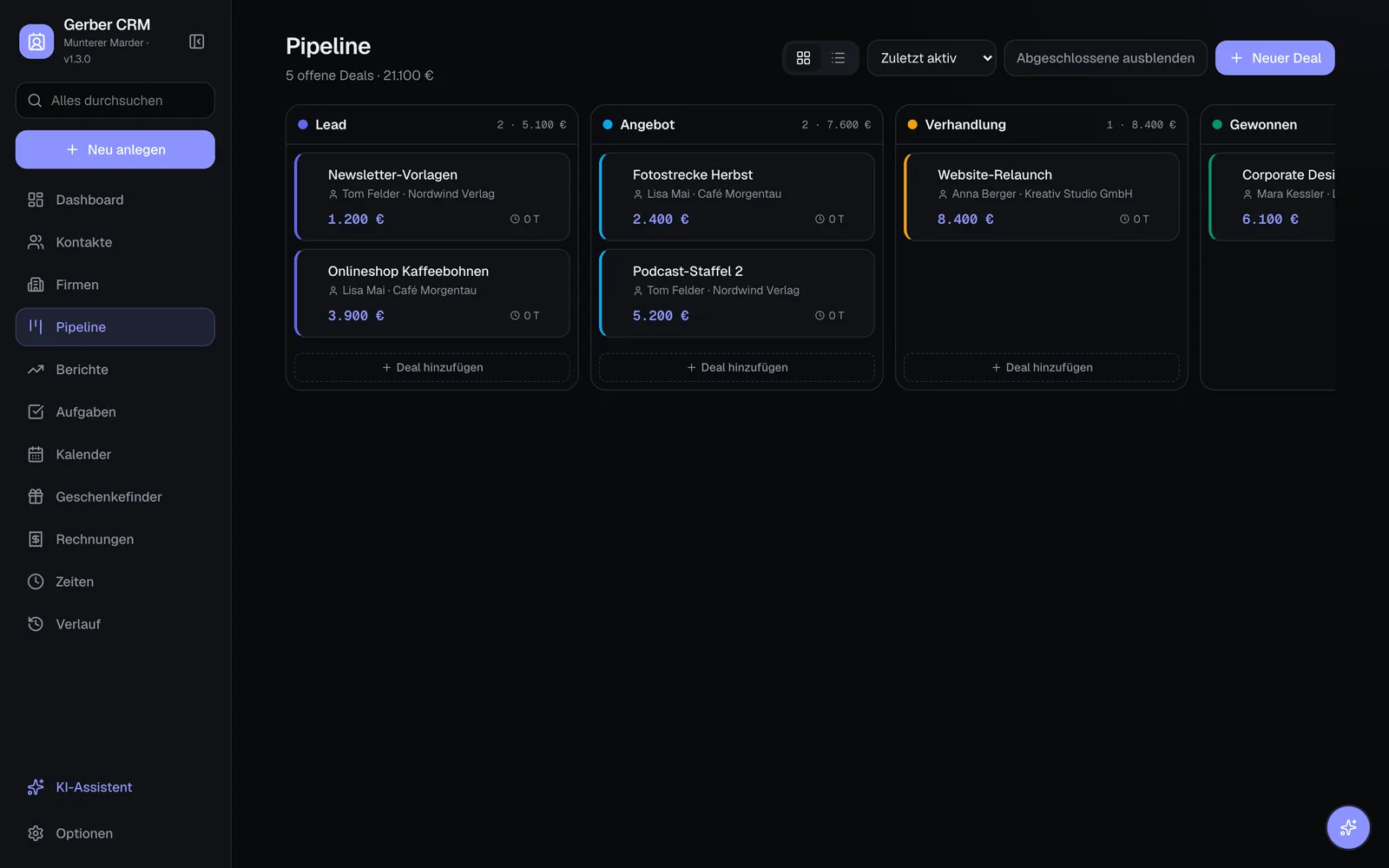 Pipeline board with deals in the stages lead, quote, negotiation and won (demo data)
