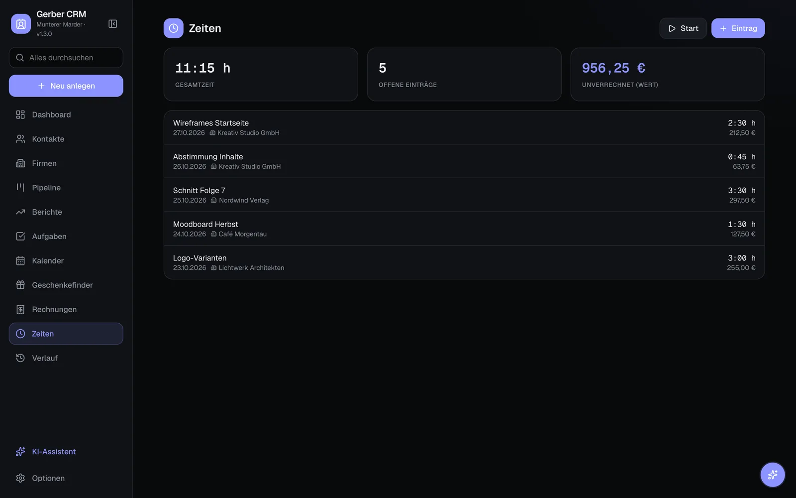 Time tracking: A timer that keeps running across pages; billable time goes straight into an invoice.